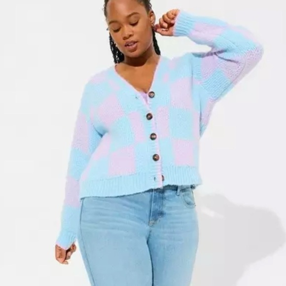 Torrid Womens Cardigan Button Front Sweater Sz 4X Camille Check Summer Song - Picture 1 of 12